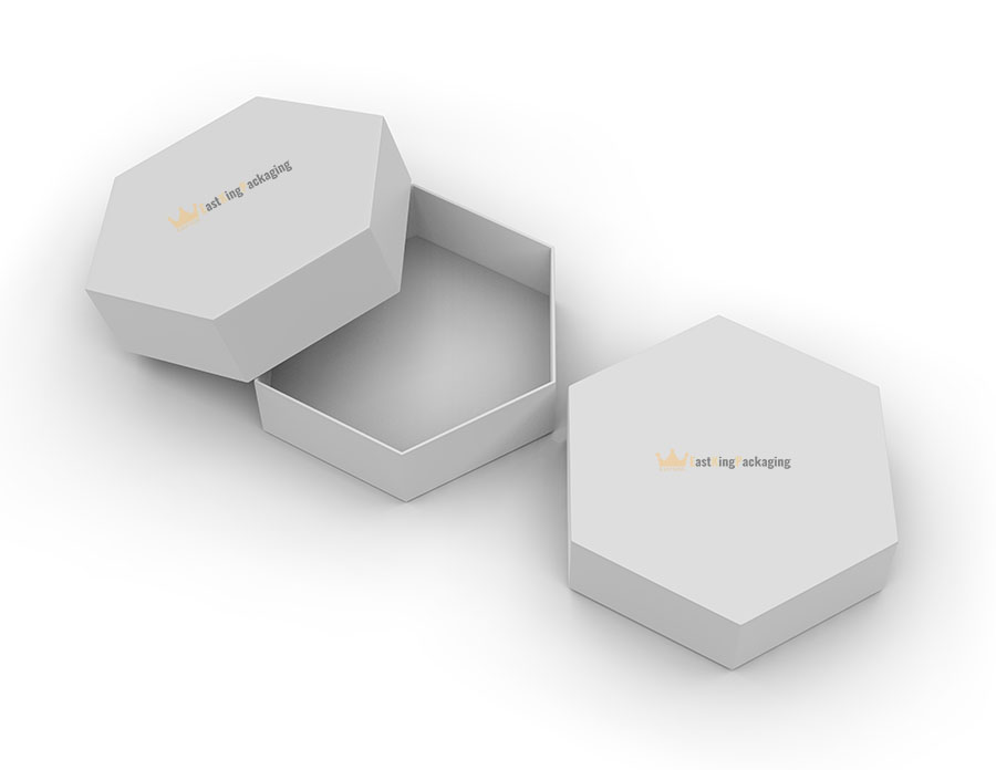 Blank hexagonal paper hard box for gift items and branding, 3d illustration.